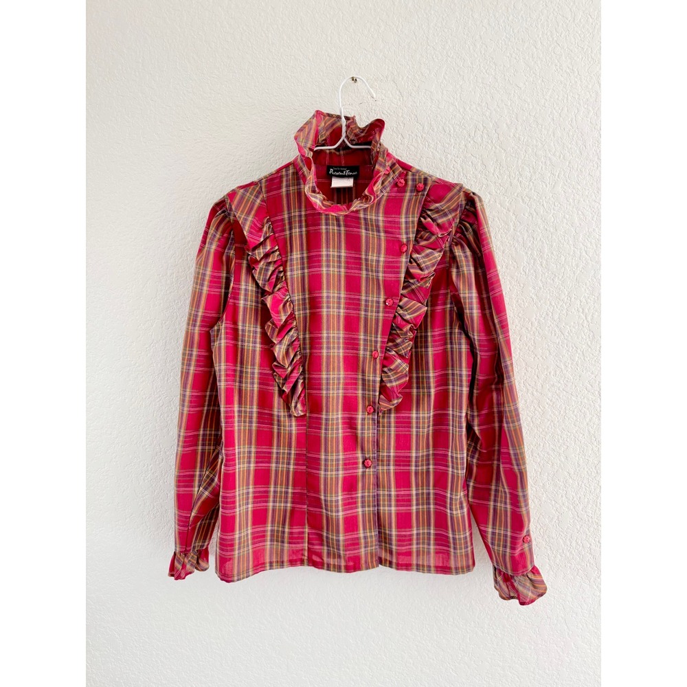 Present Tense Plaid Ruffle Blouse Womens Size M Red Vintage High Neck Victorian